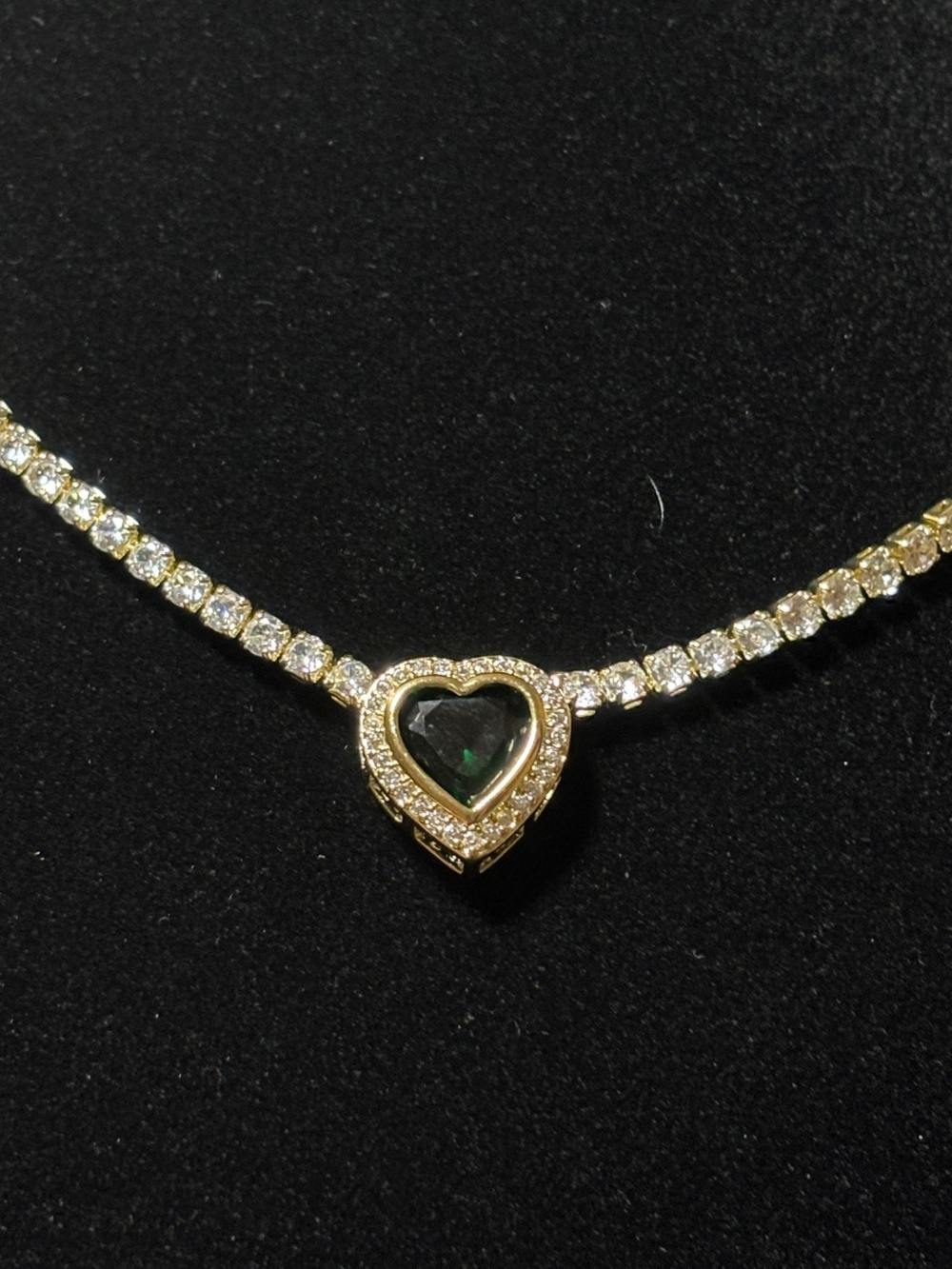 3.2mm Yellow Gold Emerald Green Heart Halo CZ Tennis Necklace 19in. - Picture 12 of 16